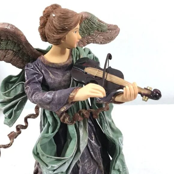 Paper Mache Angel Playing Violin Christmas Tree Topper Figurine - Picture 4 of 9